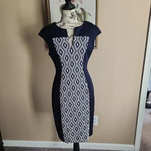 Connected Apparel Navy and White Patterned Midi Dress
